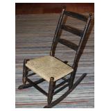 Antique American Primitive Old Black Paint Ladies Rocker with Rush Seat 