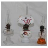 Antique Plume & Atwood Small Oil Lamps:  Square Base Pattern Glass (9.5”H), Hand Painted Milk Glass 