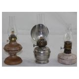 Antique Plume & Atwood Small Oil Lamps: Painted Metal Base (7”H) , chrome “All Night” with Hornet Bu