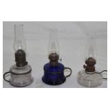 Antique Plume & Atwood Small Bed Chamber Oil Lamps with Finger Ring: Clear and Cobalt Glass  “Nutmeg