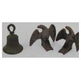 Antique Small Bronze Bell and (2) Cast Iron Eagle Snow Guards