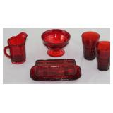 Vintage Ruby Red Glassware: Creamer, Fenton “Georgian” Sherbet, Anchor Hocking “High Point” Juice Gl