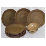 Bennington Potters 2150 Dinner Plates (Set 8) and (3) Hand Turned pottery dessert bowls 1977 signed.