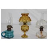 Antique “Little Buttercup” Blue Glass Bed Chamber Finger Ring Lamp (8”H), L.E. Smith Vintage Amber “