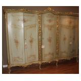 French Antique Handpainted, Gold Gilt Accent 5 Door Armoire (9’W x 7’H x 25”D). Center section has French Antique Handpainted, Gold Gilt Accent 5 Door Armoire (9’W x 7’H x 25”D). Center section has