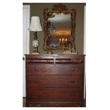 Antique American Empire Mahogany Chest.  Also shown is Bronze Gilt Ornate Mirror and a Cherub Table 