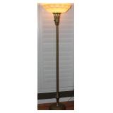 Antique Torchiere Glass Shade Brass Floor Lamp (shown with lamp off and on)