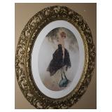 Antique Gold Gilt Oval Framed Louis Icart “Le Bonnet Blue” Print (22.5”W x 26”H) Antique Gold Gilt Oval Framed Louis Icart “Le Bonnet Blue” Print (22.5”W x 26”H)