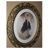 Antique Gold Gilt Oval Framed Louis Icart “Le Bonnet Blue” Print (22.5”W x 26”H)