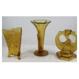 Walter & Sohne West Germany Rare Art Deco Amber Glass Collection: Triangle Footed Vase (7”H x5 1/4” Walter & Sohne West Germany Rare Art Deco Amber Glass Collection: Triangle Footed Vase (7”H x5 1/4”