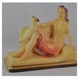 Vintage Signed Chalk-Ware Figurine: Lady on Sofa with Parrot (10”W x 8.5”H x 4”D)