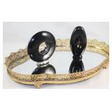 Vintage Stylebuilt Gold Plated Filigree Oval Footed Mirror Dresser Tray (16” x 11”). Shown with Pal Vintage Stylebuilt Gold Plated Filigree Oval Footed Mirror Dresser Tray (16” x 11”). Shown with Pal