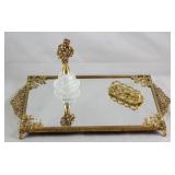 Hollywood Regency Mid Century Gold Plated Rectangular Vanity Mirror, Crystal Perfume with Gold Plate Hollywood Regency Mid Century Gold Plated Rectangular Vanity Mirror, Crystal Perfume with Gold Plate