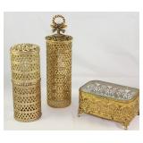 Hollywood Regency Mid Century Gold Plated Filigree Hairspray Can Covers/Caddy and a Bevel Glass Top 