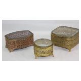 Hollywood Regency Mid Century Gold Plated Filigree Bevel Glass Lidded Vanity Boxes Hollywood Regency Mid Century Gold Plated Filigree Bevel Glass Lidded Vanity Boxes