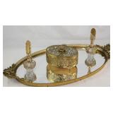 Hollywood Regency Mid Century Gold Plated Filigree Lipstick Holder Oval Vanity Mirror, Vanity Box an Hollywood Regency Mid Century Gold Plated Filigree Lipstick Holder Oval Vanity Mirror, Vanity Box an