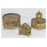 Hollywood Regency Mid Century Gold Plated Filigree Lipstick Holder, Bevel Glass Lid Vanity Box and A