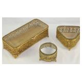 Matson Hollywood Regency Mid Century Gold Plated Comb/Brush and Bevel Glass Lid Vanity Boxes.