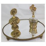  Hollywood Regency Mid Century Gold Plated Mirror Vanity Footed Tray, and 2 Perfume Bottles