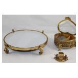 Matson Hollywood Regency Mid Century Gold Plated Mirror Cherub Footed Round Vanity Tray, Bevel Glas Matson Hollywood Regency Mid Century Gold Plated Mirror Cherub Footed Round Vanity Tray, Bevel Glas