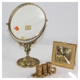 Stylebuilt Hollywood Regency Mid Century Gold Plated Vanity Mirror, Lipstick Holder and Bulovar Cloc