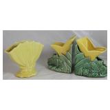 McCoy Yellow Fan Vase and Lily Bookend Planters McCoy Yellow Fan Vase and Lily Bookend Planters