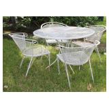 Vintage Mid Century Wrought Iron Mesh Table and 4 Barrel Back Chairs