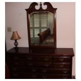 Mahogany 10-Drawer Dresser 34.5”H x 66”W x 19.5”D) with Center Finial Broken Arch Beveled Mirror(47.