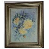 Original Oil on Canvas Yellow Roses (16”x20”) in a 4” Linen Lined Gold Leaf Frame