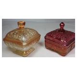 Jeanette Glass Co. Vintage Iridescent Amber “Oak Leaf and Acorn” Finial Dome Lid Pedestal Candy Dish