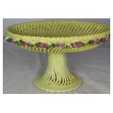 Vintage Porcelain Hand Crafted Lattice  Oval Pedestal Compote with Applied Pink Roses  (10”W x 5”H x