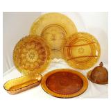 Tiara “Sandwich” Amber Pattern Glass Collection (1971-1989:  Torte Plate 16”D, Deviled Egg Tray, Div