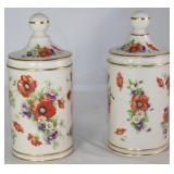 Vintage Porcelain Apothecary Floral Canisters.       (9”H x 4”D