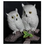 Andrea by Sadek "Owl" Two White Owls on Perch Bisque Figurine ( 4 1/2" D × 7 3/4" H× 8" W). Wood Bas