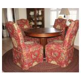 Custom Upholstered Parson Chairs shown with an Antique Oak Round Pedestal Table (48"D) and Round Rag