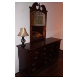 2nd View: Mahogany 10-Drawer Dresser 34.5”H x 66”W x 19.5”D) with Center Finial Broken Arch Beveled 