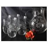 Vintage Floral Etched Crystal Iced Lip Pitcher and 4 Tumblers Shown with Y.H. (Yong Hong) Porcelain 