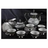 Bavaria Platinum Porcelain Tea Set: Teapot, Sugar w/Lid, Creamer, Set of 6 Demitasse Cup and Saucers