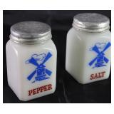 Hazel Atlas Vintage 1940’s “Windmill” Milk Glass Salt and Pepper Shakers (3”H x 2” Sq)