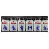 Hazel Atlas Vintage 1940’s “Holland” Pattern Spice Jars (3”H x 2” Sq) Set of 6