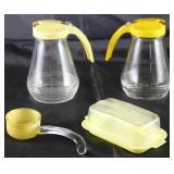 Vintage Yellow Lid Glass Syrup Pitcher (2 ea.), Frosted Yellow Glass Marmalade/Sauce Ladle and Burro