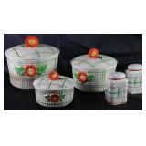 Made in Japan Hand Painted Orange and Green Plaid 3 pcs Jar Canister w/Orange Flower Finial Handle a