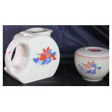 Universal Pottery Depression Era “Calico Fruit” Covered Refrigerator Bowl and Pitcher