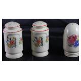 Universal Pottery Depression Era: Floral Garden Shaker Set and Fruits Single Shaker