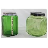 Depression Era Forest Green Sugar Jar Canister. Depression Era Vaseline Glass Square Gallon Jar w/Li