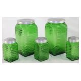 Owens-Illinois Glass Co. Depression Era Forest Green Diagonal Pattern Square Jar Quart Canisters and