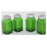 Owens-Illinois Glass Co. Depression Era Forest Green Waffle Pattern Square Spice Jars (4) with Alumi