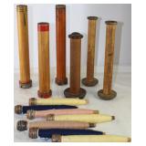Collection of Large Antique Wooden Spools and Wooden Spindles Complete with Thread
