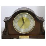 Bulova Chadbourne Tambour Mantel Clock Bent hardwood Mahogany finish Case. Raised numerals on metal 
