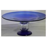 Cobalt Blue Art Glass Clear Ball Pedestal Shallow Bowl (12”D x 5.5”H)